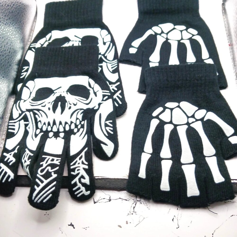 Skull Print Goth Gloves-Black + Fingerless Skelton Gloves Unisex New